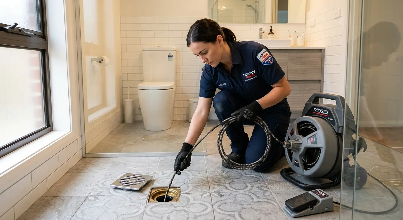 Technician clearing a bathroom floor drain for Sewer Line Installation in Palm Beach Gardens
